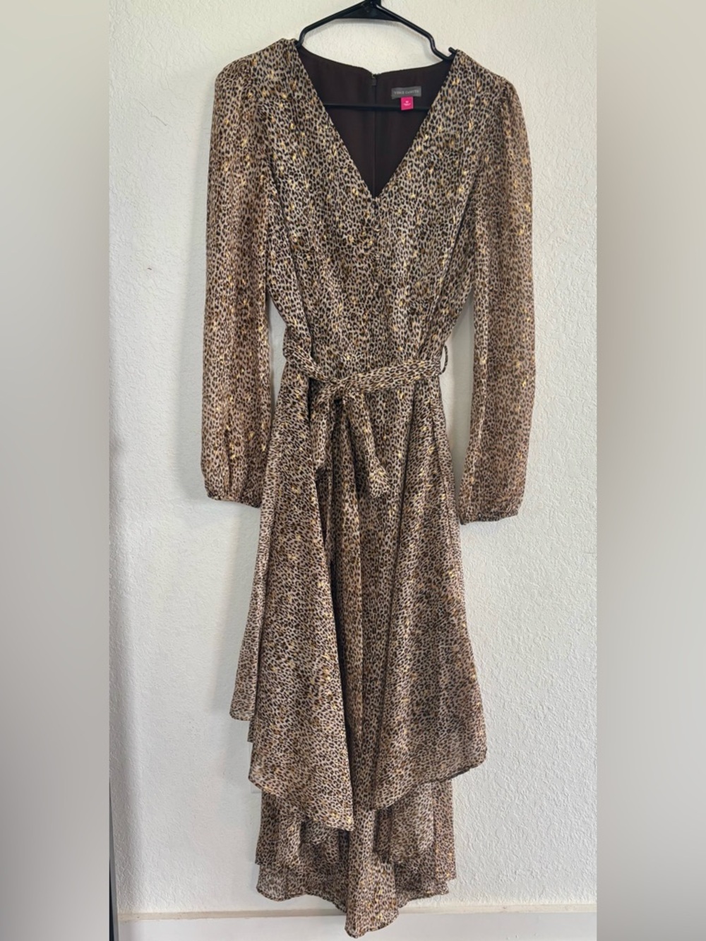 Vince Camuto Leopard-Print Long Sleeve Dress in Brown with Gold Accents